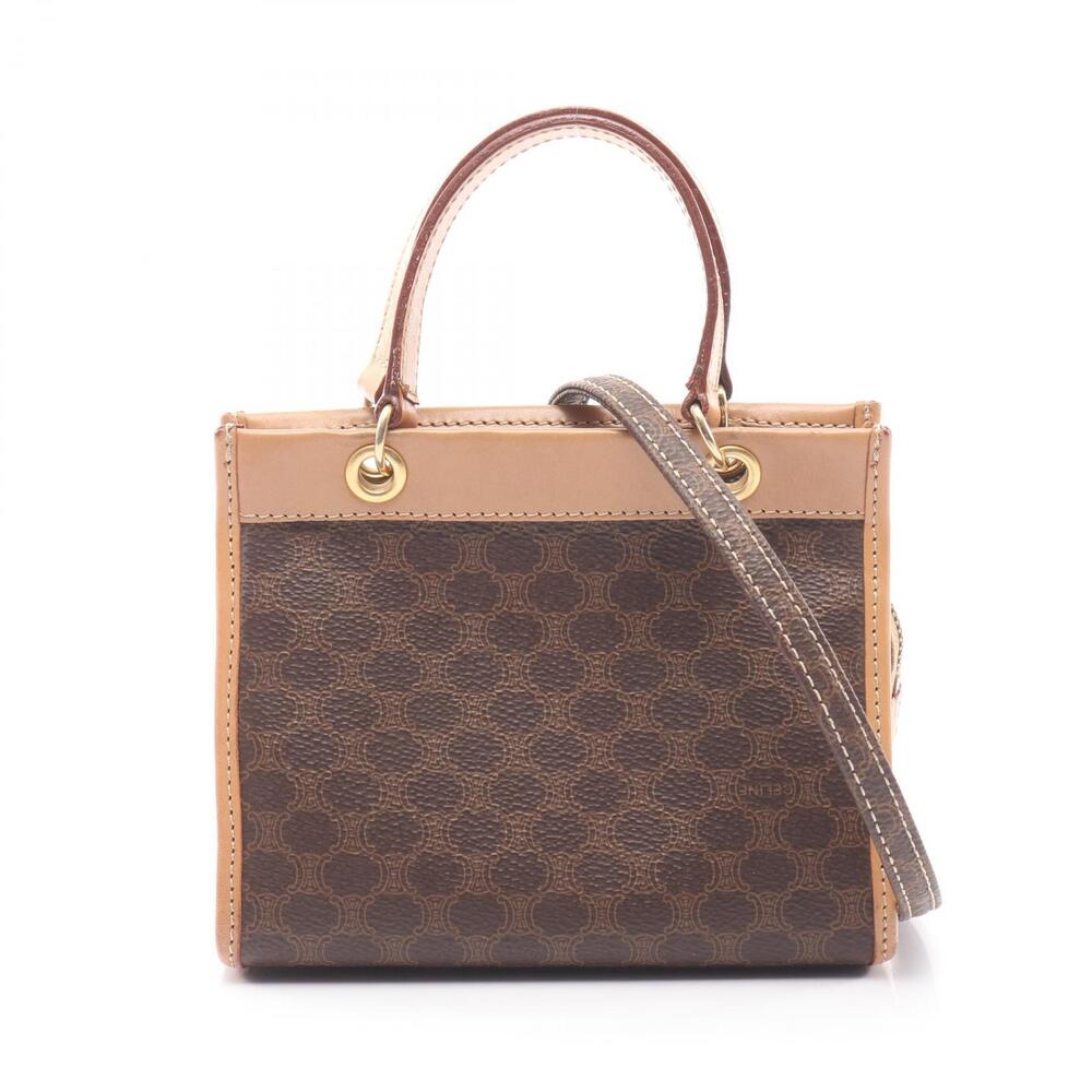 Celine Macadam Handbag Canvas Leather Brown Beige Cream
